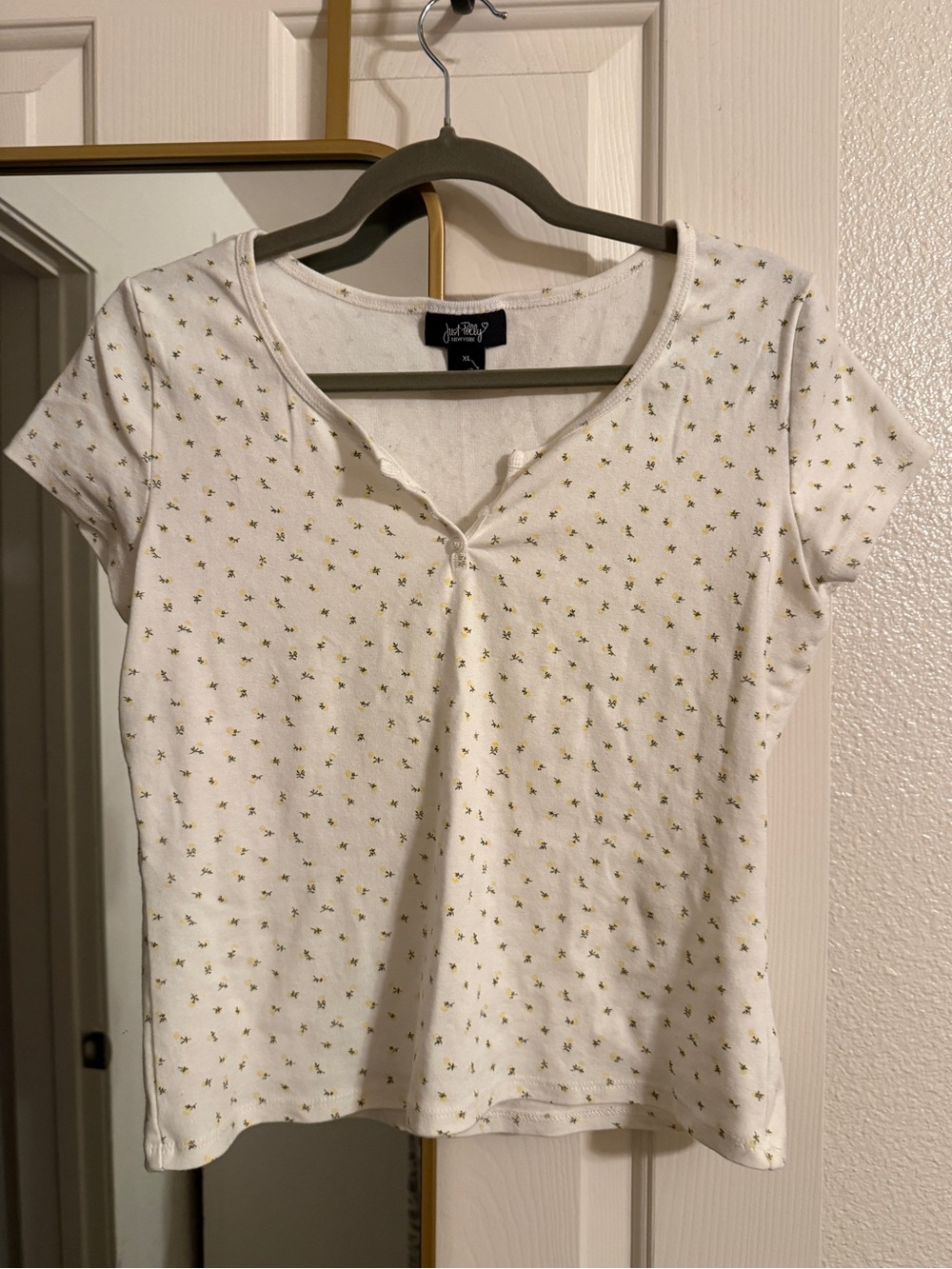 Just Polly White Short-Sleeve Henley with Tiny Yellow Floral Dots